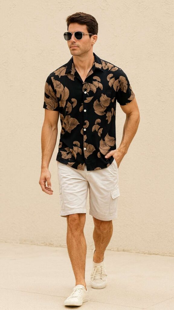 Black Hibiscus Camp Shirt + Stone Cargo Shorts + White Trainers + Silver Aviators