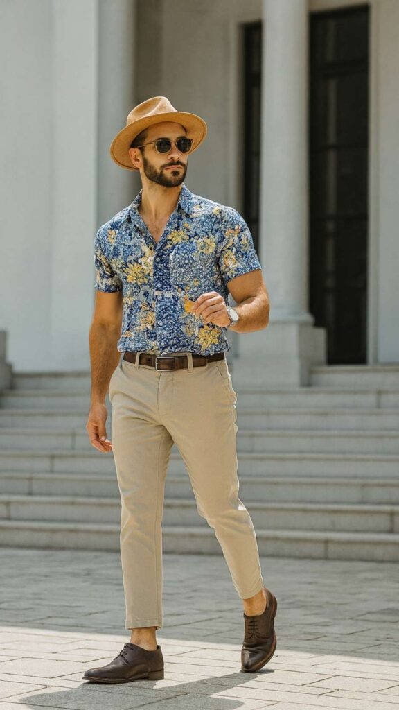 Patchwork Blue Shirt + Beige Pants + Brown Loafers + Brown Fedora + Sunglasses