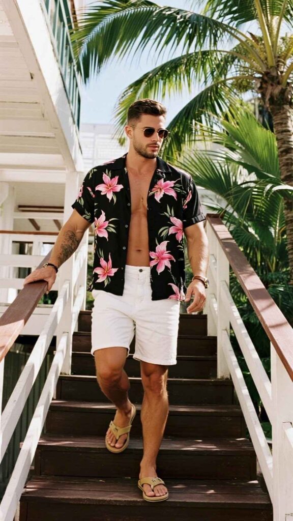 Black Floral Shirt + White Denim Shorts + Tan Leather Thong Sandals + Steel Bracelet Watch