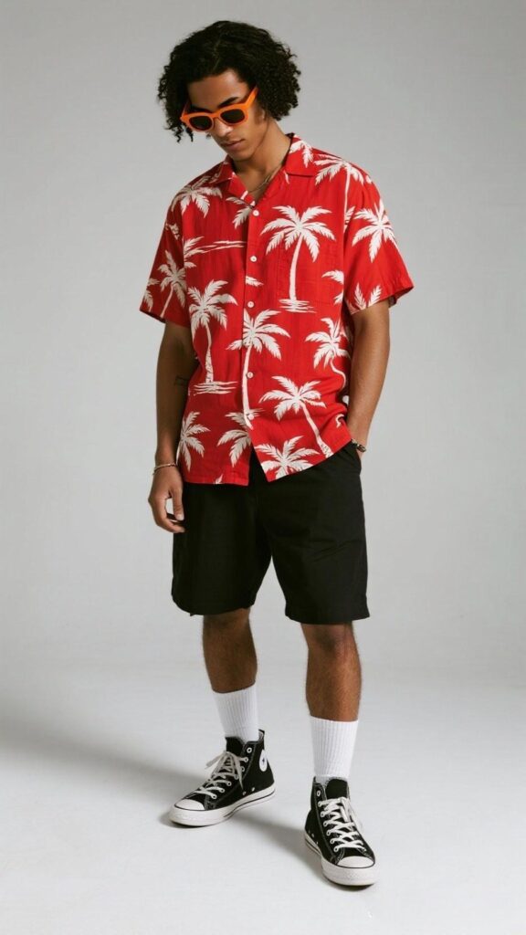 Red Palm Shirt + Black Relaxed Shorts + High Socks + Black Canvas Sneakers + Orange Sunglasses