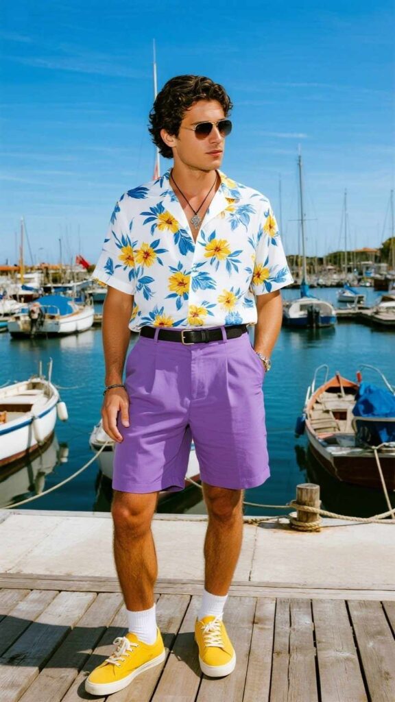 White Tropical Shirt + Purple Tailored Shorts + Yellow Trainers + Black Belt + Pendant Necklace