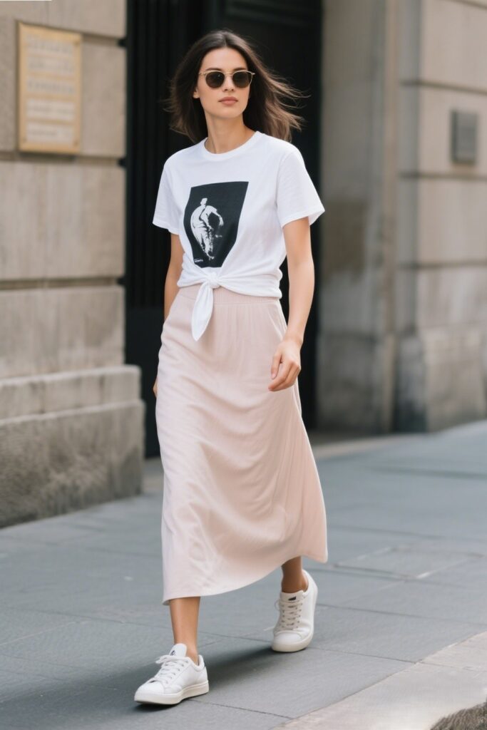 1. The Casual Cool Look – With a Knotted Tee & Sneakers