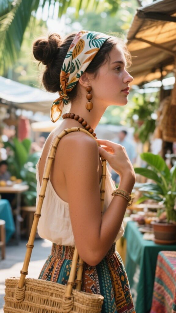 3. Silk Headscarf + Wood Bead Earrings + Bamboo Handle Bag