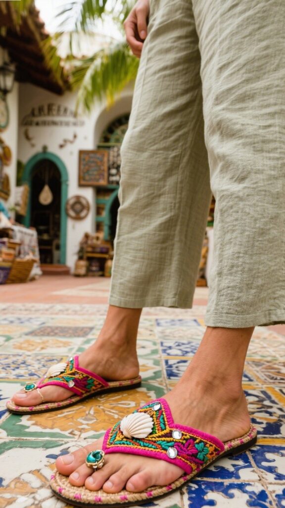 8. Embroidered Mules + Seashell Toe Ring | Artisan Courtyard