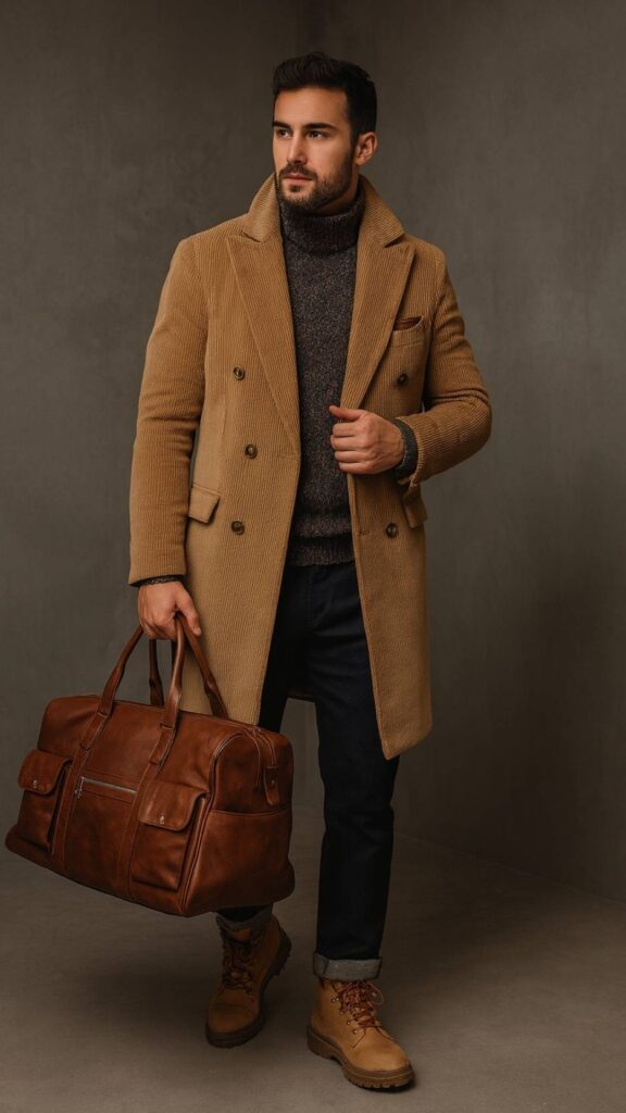 Camel Corduroy Double-Breasted Overcoat + Charcoal Chunky Turtleneck + Dark Grey Slim Trousers (Cuffed) + Tan Leather Work Boots + Brown Leather Weekender Bag + Pocket Square
