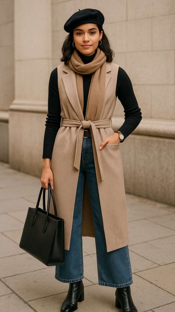 Beret + ribbed turtleneck + belted longline vest + wide-leg jeans + leather belt + block-heel ankle boots + structured tote + hoop earrings + wool scarf + watch