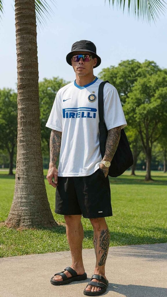 Black Bucket Hat + Mirrored Sunglasses + White Football Jersey + Black Drawstring Shorts + Black Double-Strap Sandals
