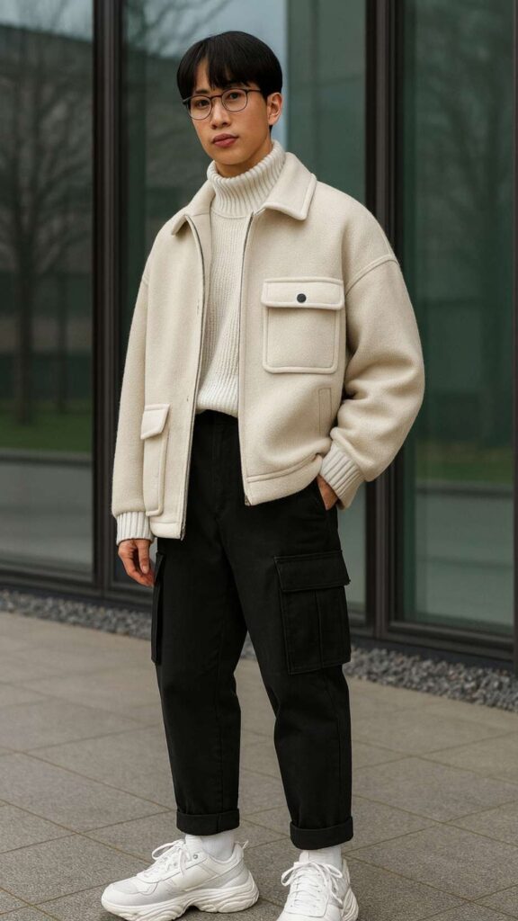 Cream Oversized Wool Overshirt + White Ribbed Turtleneck + Black Cropped Cargo Trousers + White Chunky Sneakers + Round Glasses