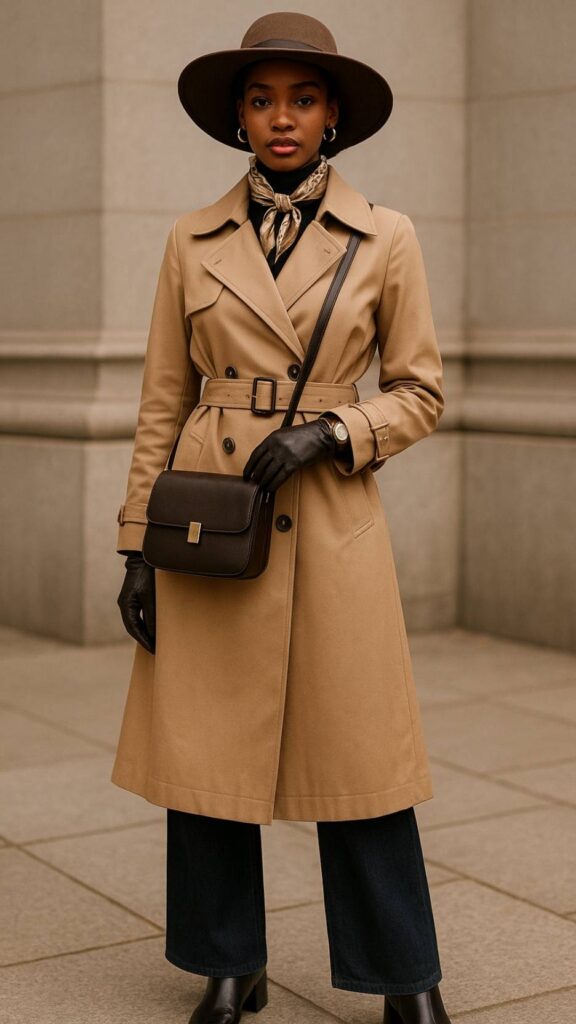 Wide-brim felt hat + sleek turtleneck + belted trench coat + dark wide-leg jeans + square-toe ankle boots + structured crossbody + minimal gold hoops + silk scarf + leather gloves + watch