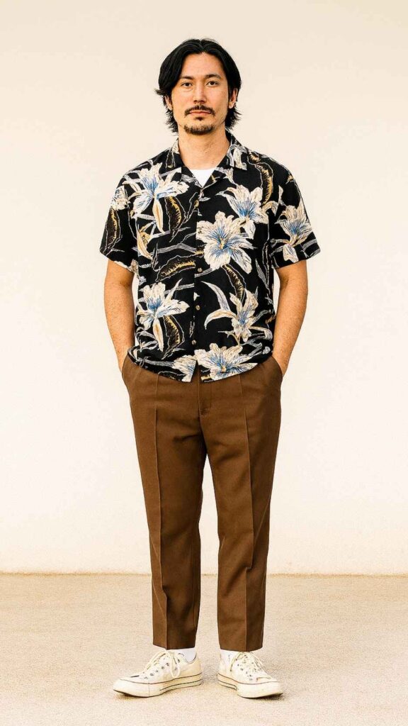 Black-and-Cream Lily Print Shirt + White Crew Tee Peek + Brown Tailored Trousers + White Low-Top Converse