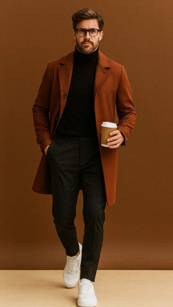Rust Topcoat + Black Turtleneck + Charcoal Tapered Trousers + White Leather Sneakers