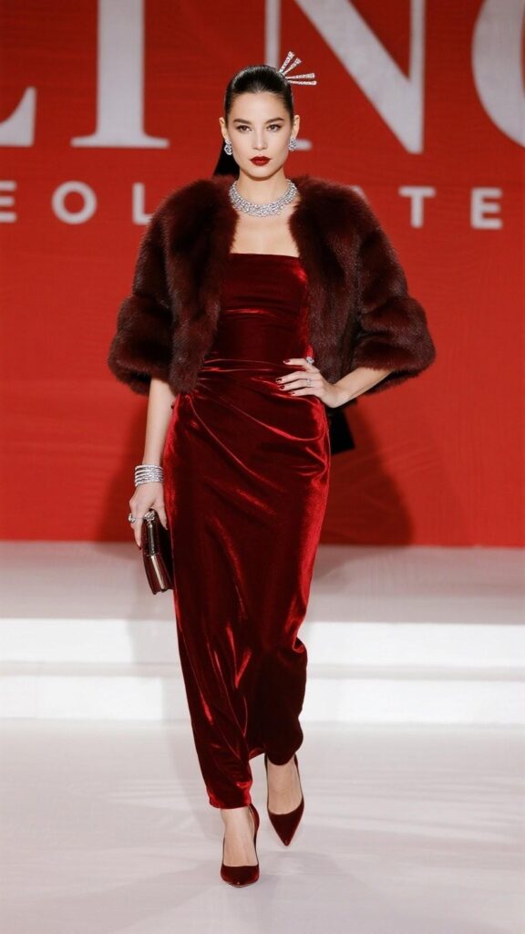 Crystal hair pins + sleek low bun + silver drop earrings + tennis necklace + red velvet dress + cropped faux-fur bolero + cuff bracelet + box clutch + pointed stilettos