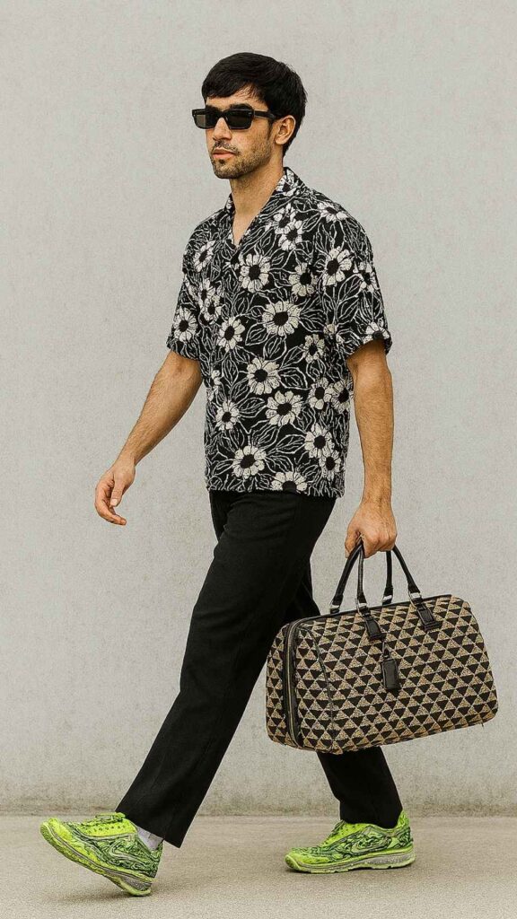 Wrap-Around Visor Shades + Monochrome Daisy Print Shirt + Relaxed Black Trousers + Neon Green Running Sneakers + Tan Geo-Pattern Duffel
