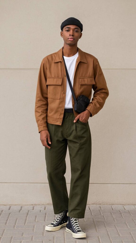 Brown Chore Overshirt Jacket + White Tee + Olive Pleated Trousers + Black High-Top Canvas Sneakers + Black Beanie + Black Crossbody Pouch + Earring