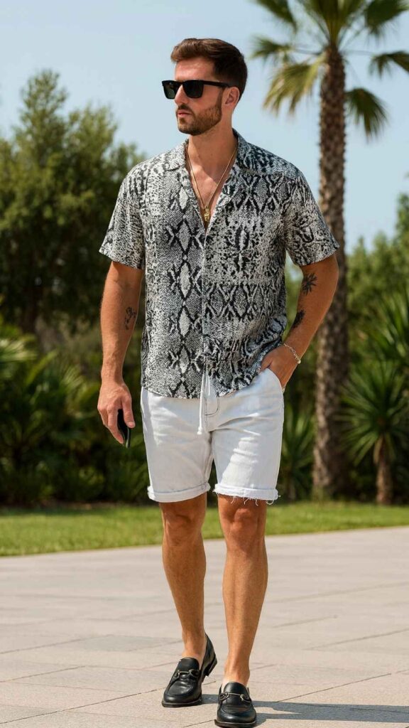 Python-Print Shirt + White Denim Shorts + Black Tassel Loafers