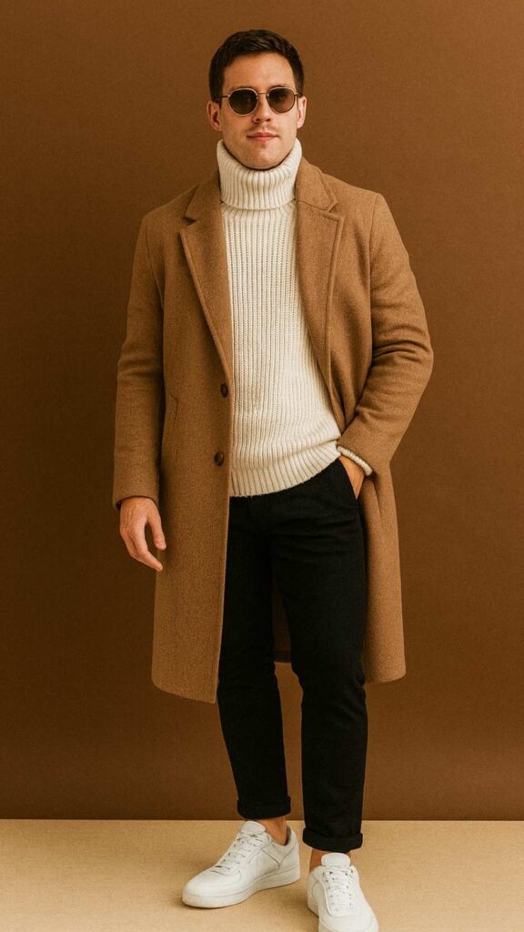Camel Overcoat + Chunky Ivory Roll-Neck Sweater + Black Slim Jeans + White Sneakers + Round Sunglasses
