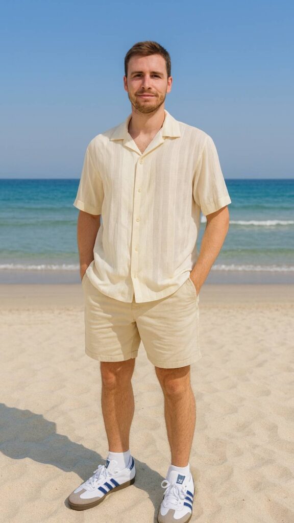 Ivory Camp Collar Shirt + Beige Shorts + White Athletic Sneakers + White Socks