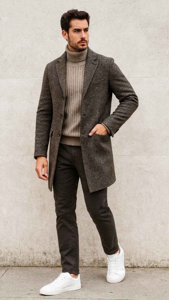 Brown Herringbone Overcoat + Beige Ribbed Turtleneck + Charcoal Chinos + White Minimalist Leather Sneakers
