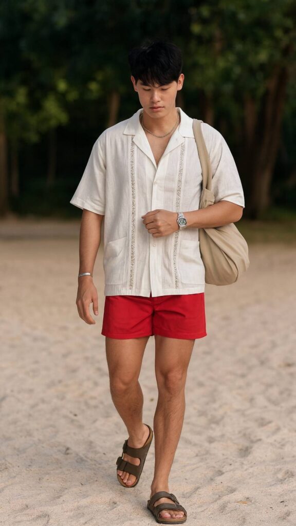 Embroidered White Shirt + Red Swim Shorts + Brown Birkenstocks + Beige Shoulder Bag