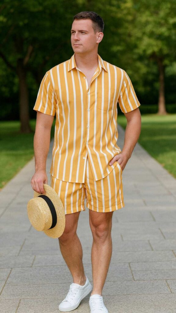 Matching Mustard Stripes Set + Straw Boater Hat + White Sneakers