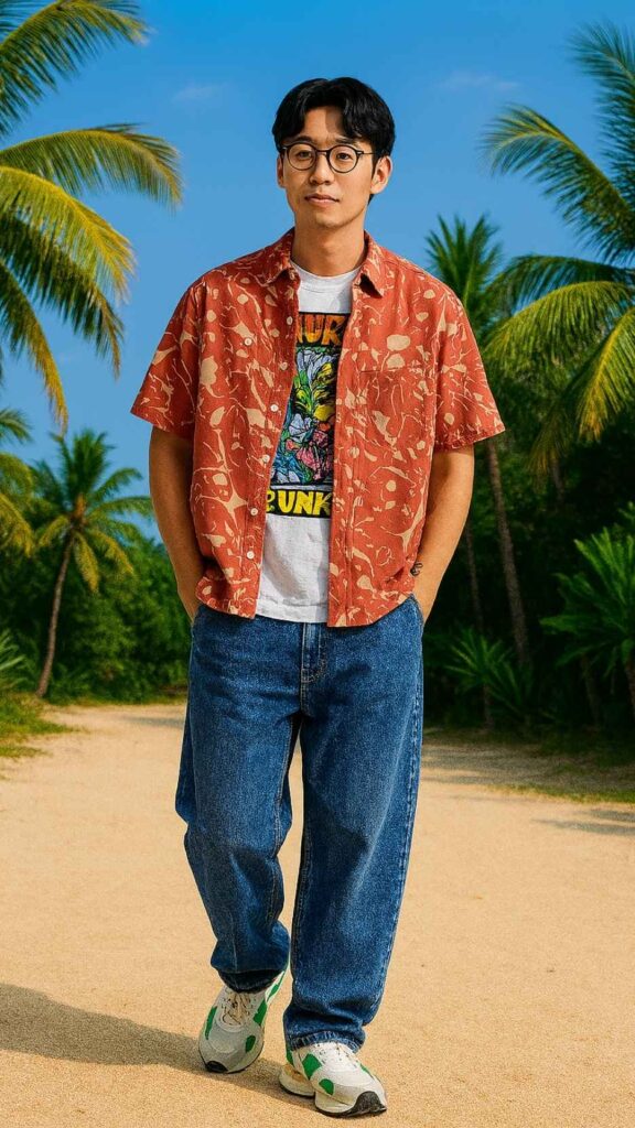 Rust Floral Camp Shirt + White Graphic Tee + Loose Blue Jeans + White-Green Retro Runners
