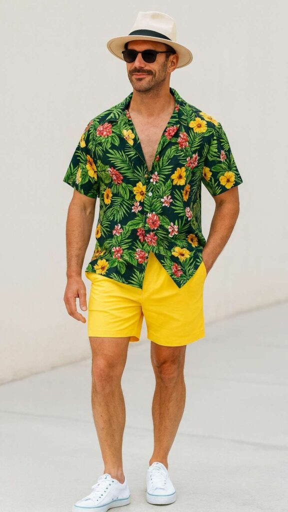Green Floral Hawaiian Shirt + Yellow Shorts + White Canvas Sneakers + Straw Hat + Aviators