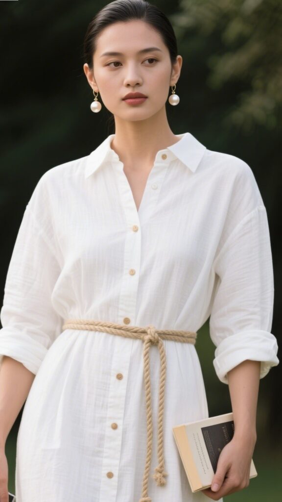 10. White Linen Shirt Dress + Rope Belt + Pearl Drop Earrings 🐚📖🤍