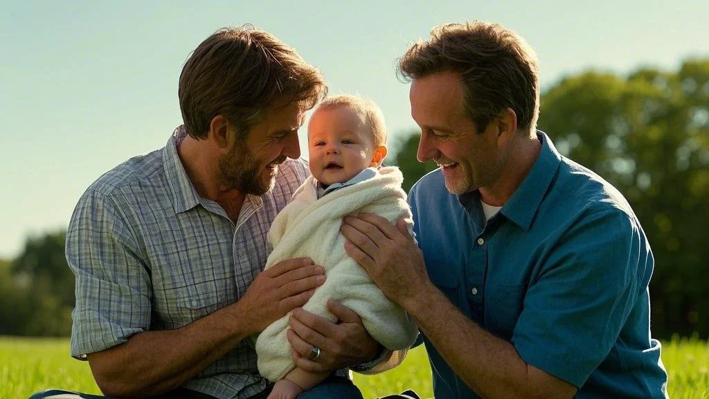 LGBT parents in Houston sharing a loving moment with their child through surrogacy.