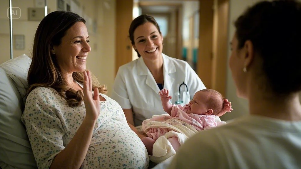 A surrogate mother in Houston having a friendly conversation with a nurse