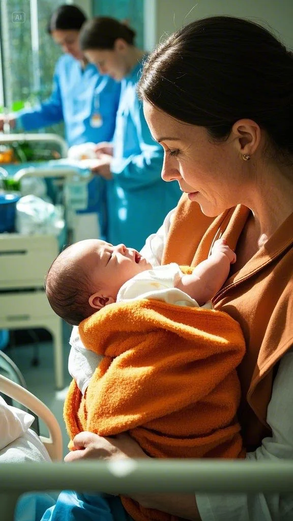 A surrogate mother in Houston holding a newborn baby with love and care.