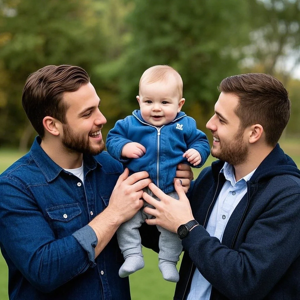 Gay dads holding their child in a loving embrace
