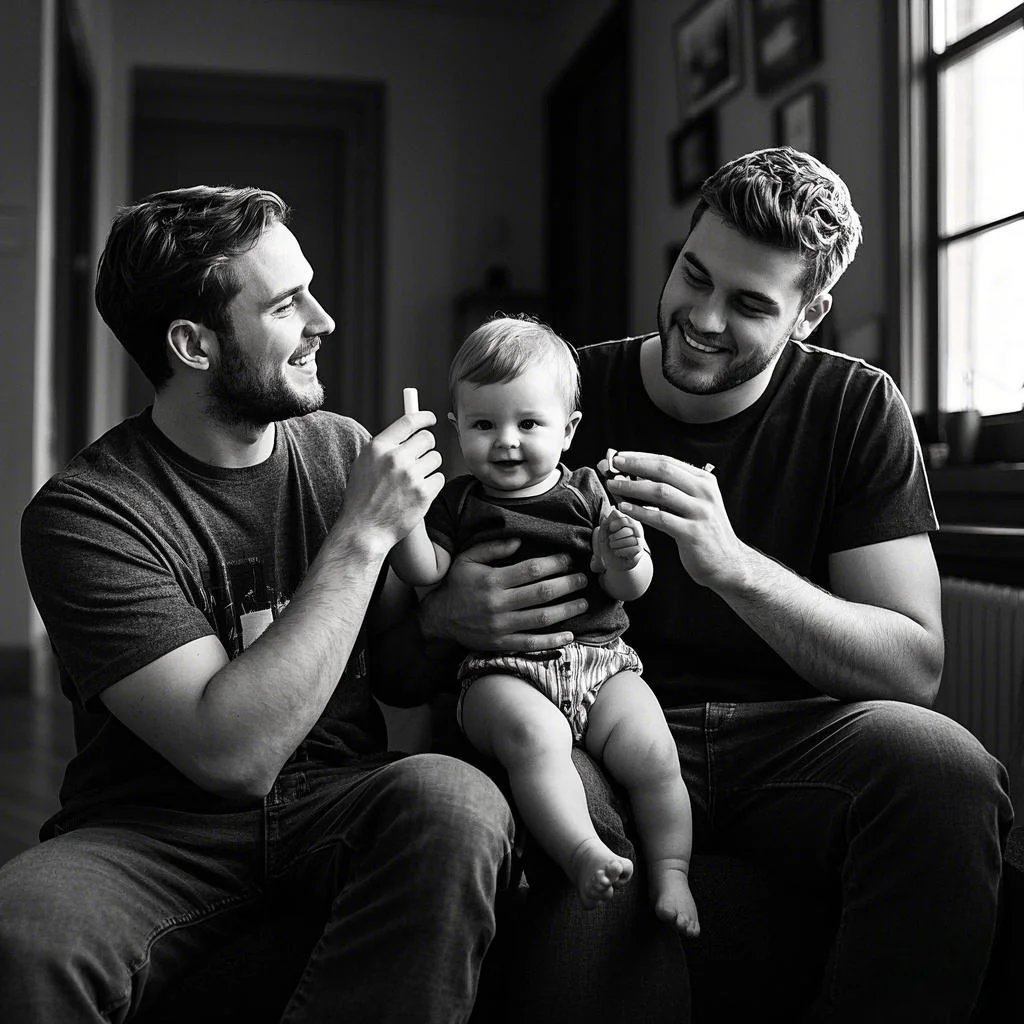 Surrogate mother with intended gay parents at an ultrasound appointment