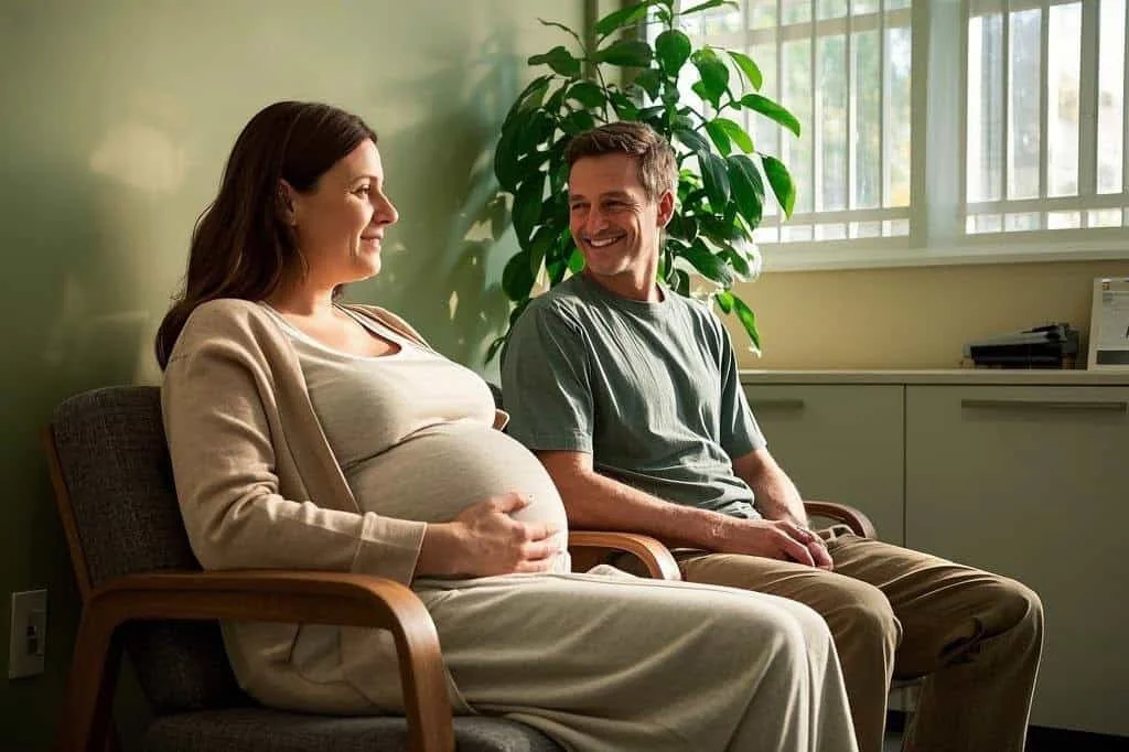 A Houston surrogate mother and intended parents sharing a joyful conversation.