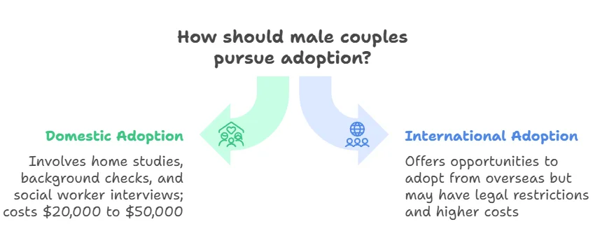 How should male couples pursue adoption?
