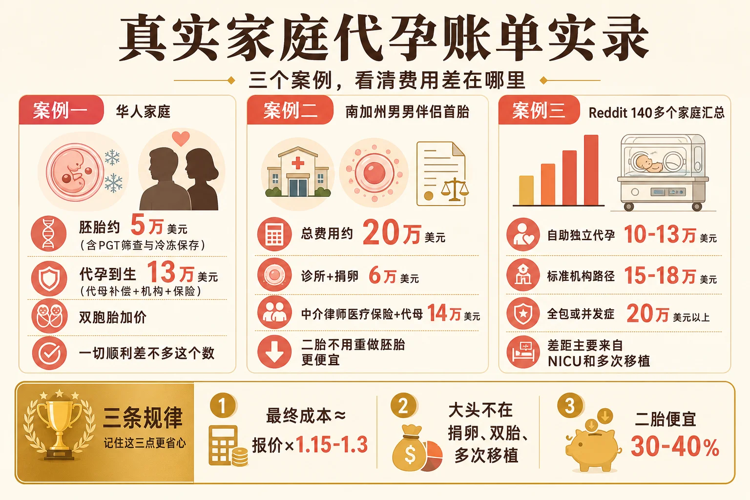 真实用户代孕账单实录对比信息图:一亩三分地华人家庭13万美元、南加州男男伴侣首胎20万美元、Reddit 140多个家庭费用区间三个真实案例对比