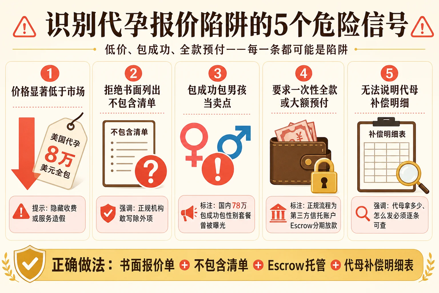 识别代孕报价陷阱的5个信号信息图:低价陷阱、拒写不包含清单、包成功包男孩卖点、要求全款预付、代母补偿不透明五个危险信号与正确做法