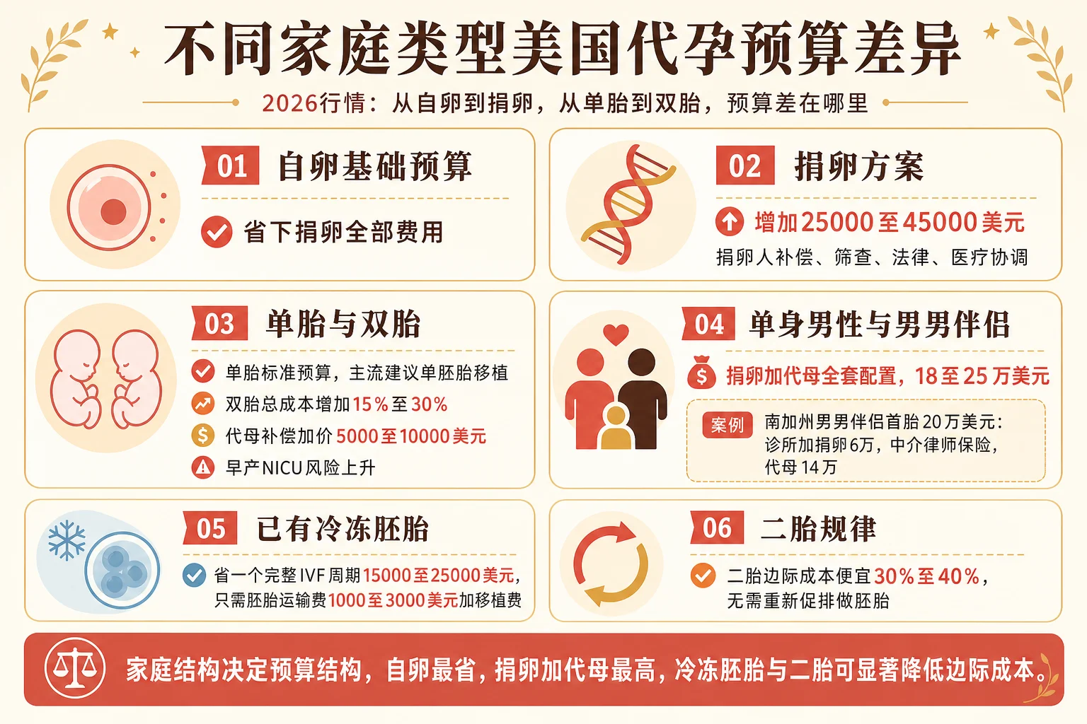 不同家庭类型代孕预算差异信息图:自卵vs捐卵、单胎vs双胎、单身男男伴侣、已有冷冻胚胎四种家庭配置的预算差异对比