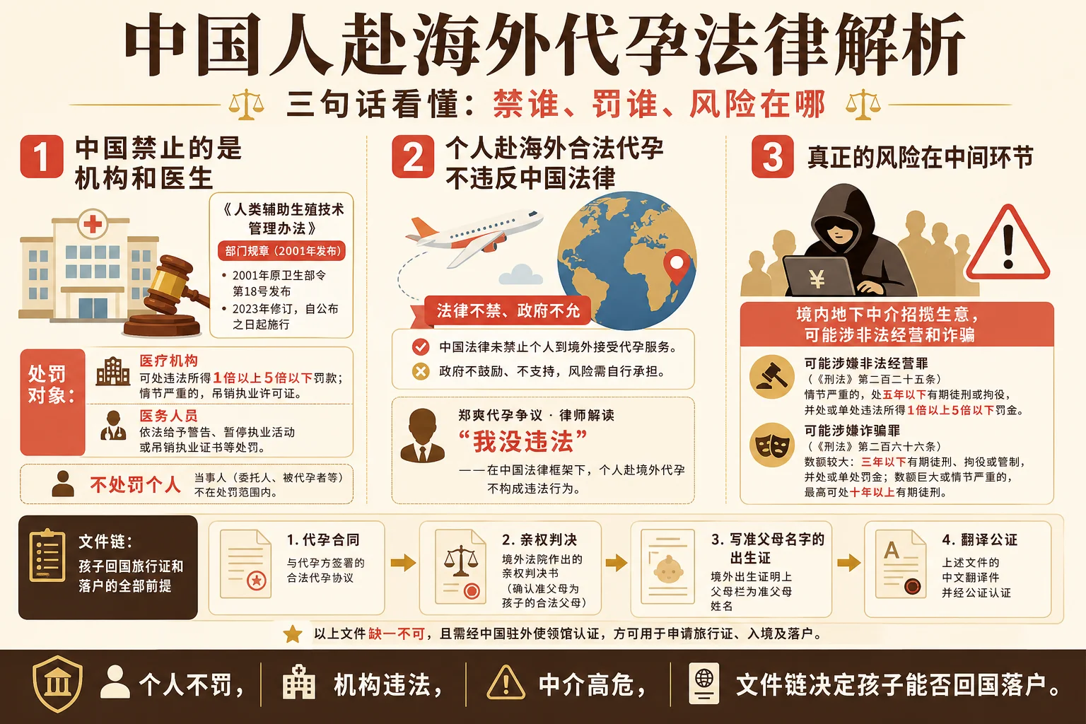 中国人赴海外代孕法律解析信息图:部门规章只罚机构不罚个人、个人赴海外不违法、真正风险在境内中介、文件链完整四要素
