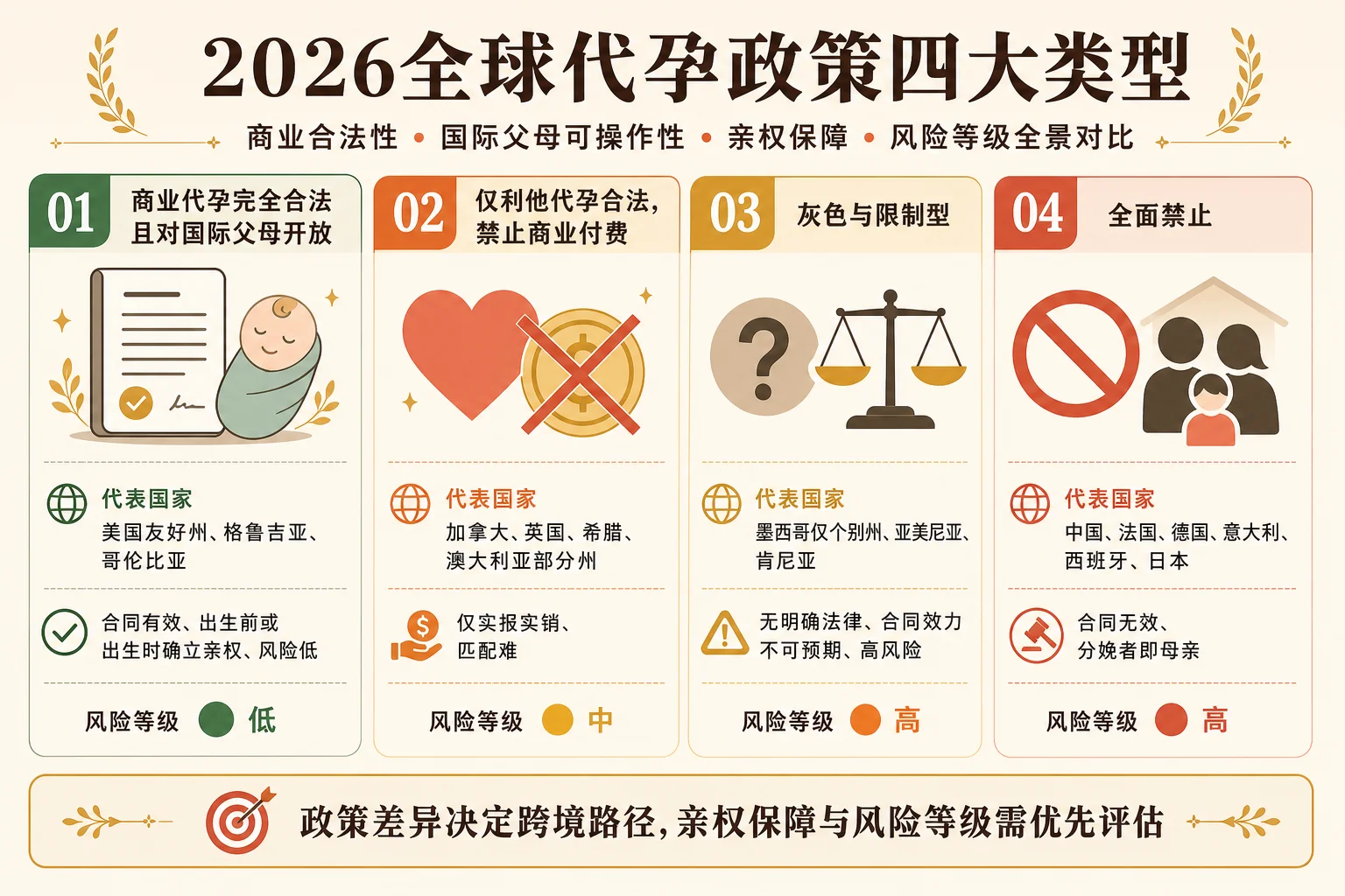 2026全球代孕政策四大类型信息图:完全合法商业型、仅利他型、灰色限制型、全面禁止型四类政策与代表国家对比