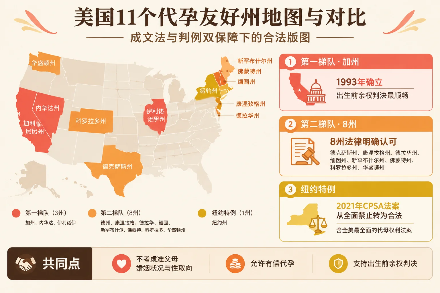 美国11个代孕友好州地图与对比信息图:加州、内华达、伊利诺伊、德州等11个友好州的立法形式与PBO支持对比,含纽约2021年合法化特例
