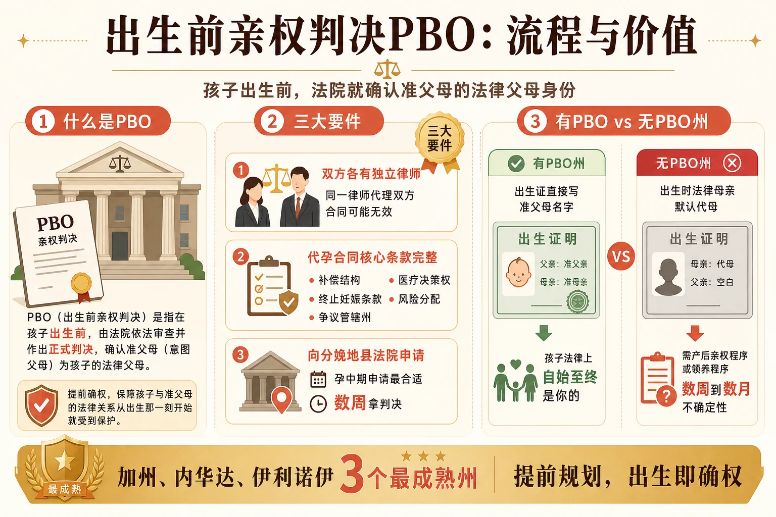 出生前亲权判决PBO流程与价值信息图:PBO定义、独立律师要件、申请流程时间线、有无PBO的出生证差异对比