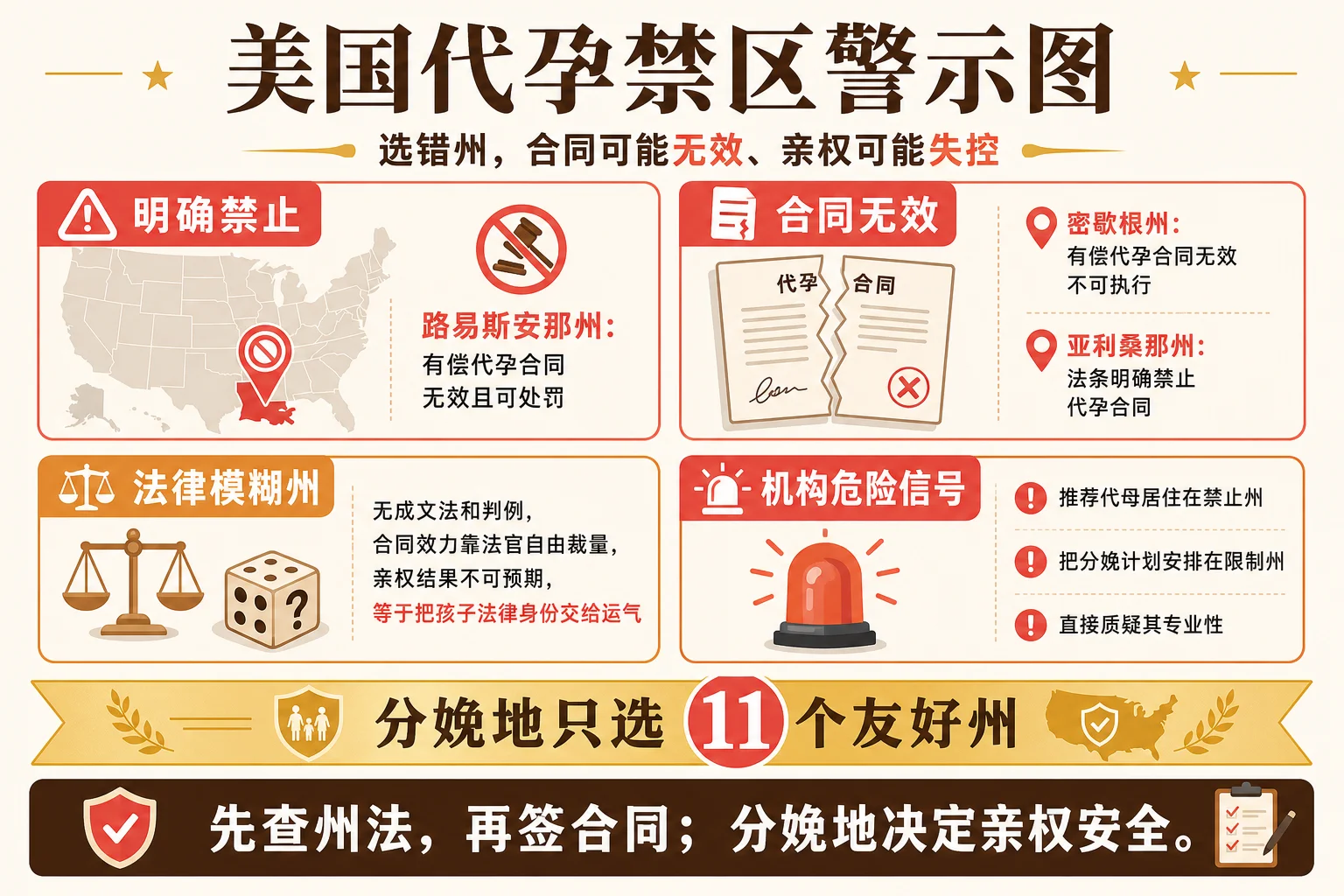 美国代孕禁止州与限制州警示信息图:路易斯安那、密歇根、亚利桑那禁止州与法律模糊州风险提示及机构危险信号