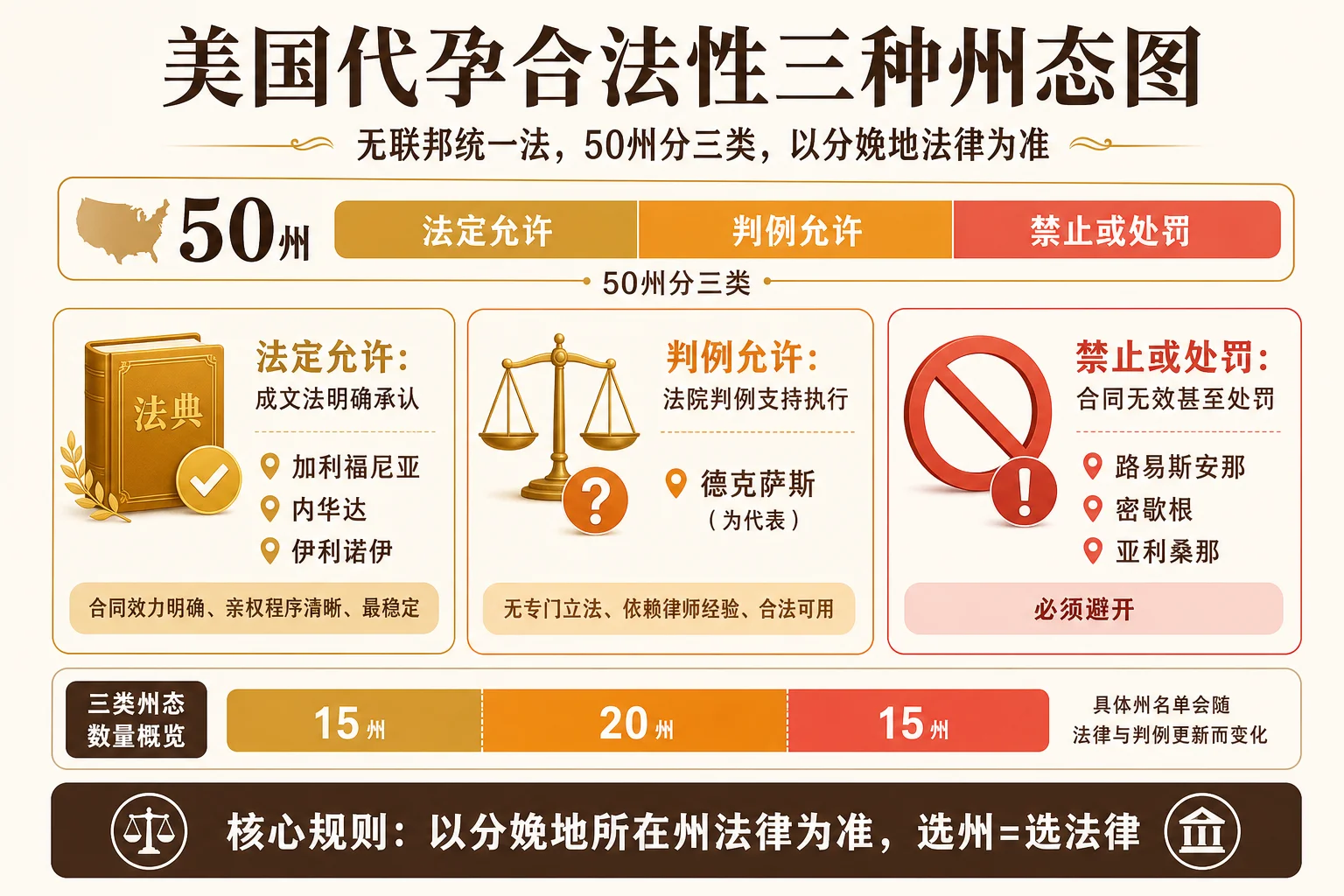美国代孕合法性三种州态信息图:法定允许、判例允许、明确禁止三类州与代表州及分娩地州规则