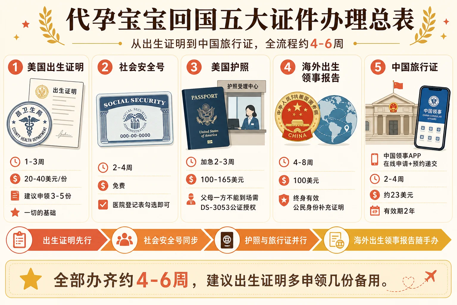 代孕宝宝五大证件办理总表信息图:出生证明、SSN、美国护照、CRBA、中国旅行证的办理机构、材料、时长与费用对比