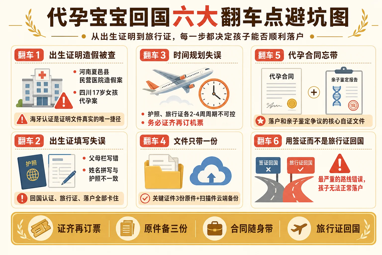代孕宝宝回国常见翻车点避坑信息图:出生证明造假、填写失误、时间规划失误、文件只带一份、忘带合同、用签证回国六大避坑点