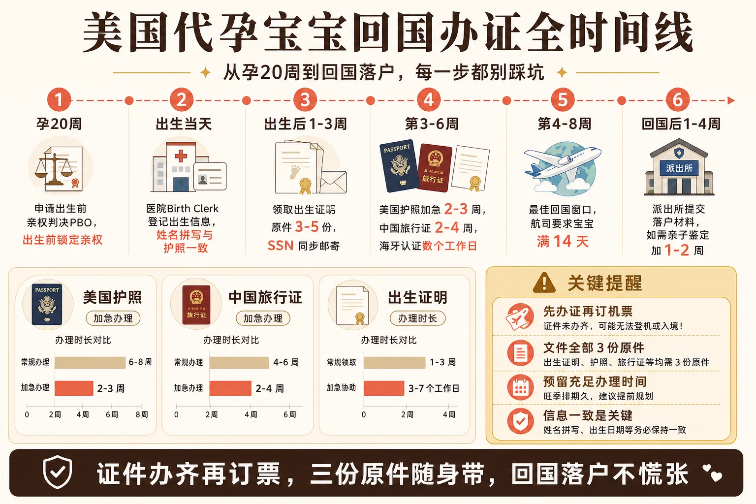 代孕宝宝出生后办证回国时间线信息图:孕20周PBO、出生登记、1-3周领出生证明、3-6周护照与旅行证并行、4-8周回国、落户的完整时间线