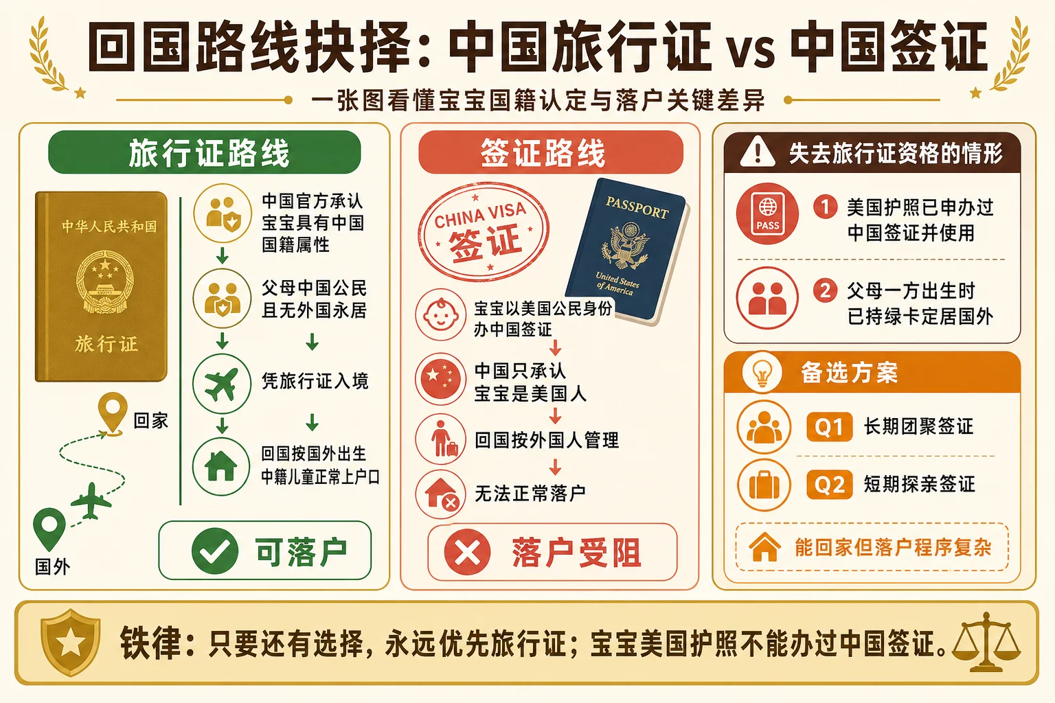 中国旅行证vs中国签证路线对比信息图:旅行证承认宝宝中国国籍可落户 vs 签证只承认美国国籍无法正常落户的本质区别
