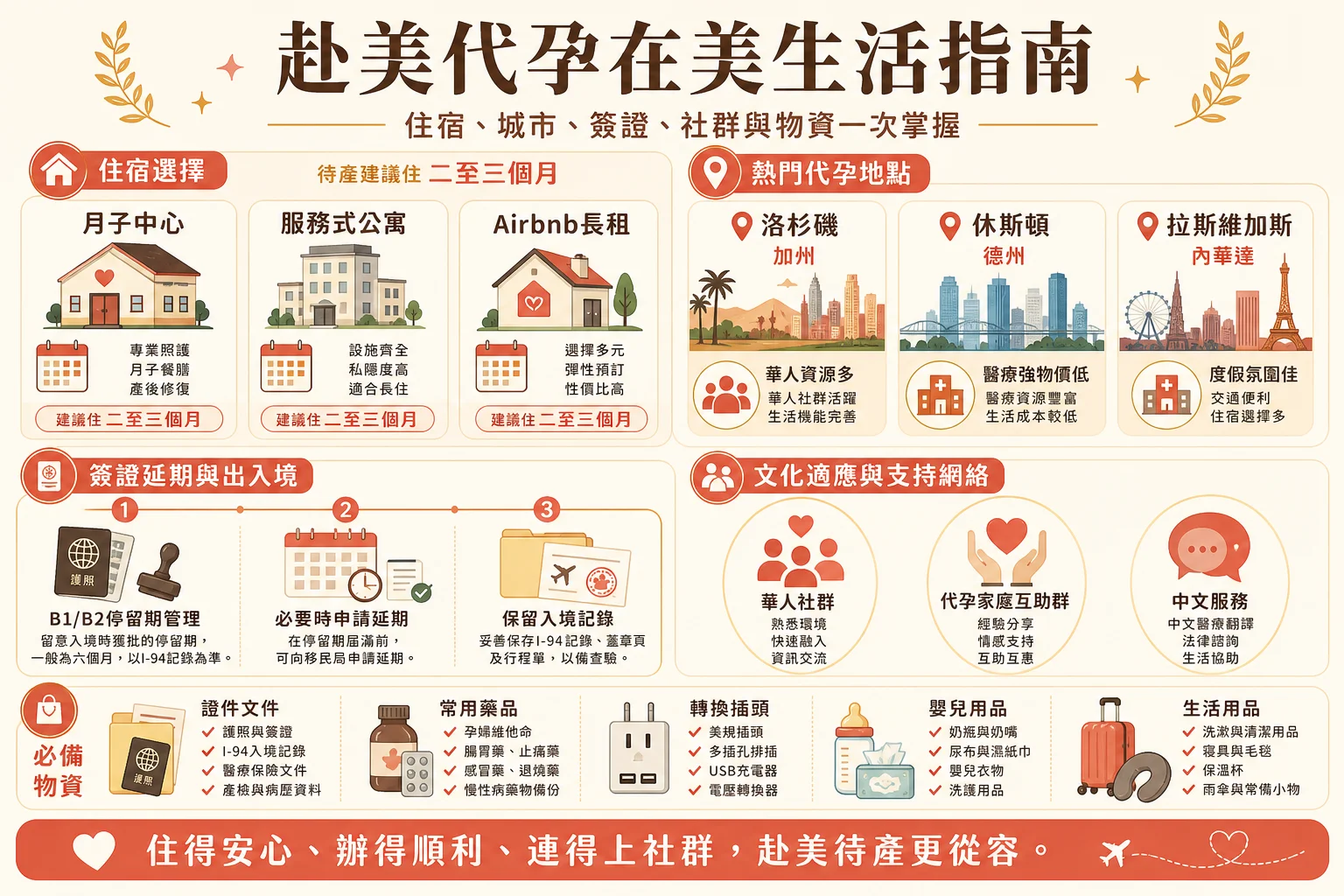 赴美代孕在美生活指南信息圖:住宿選擇、熱門城市指南、簽證延期、文化適應與物資清單