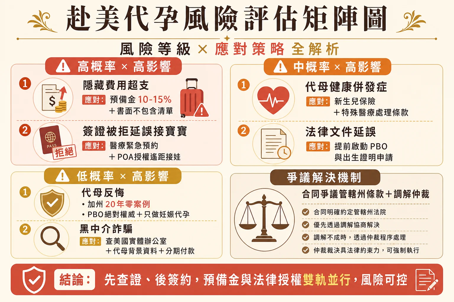 赴美代孕風險評估矩陣信息圖:高中低概率風險與應對方案、爭議解決機制
