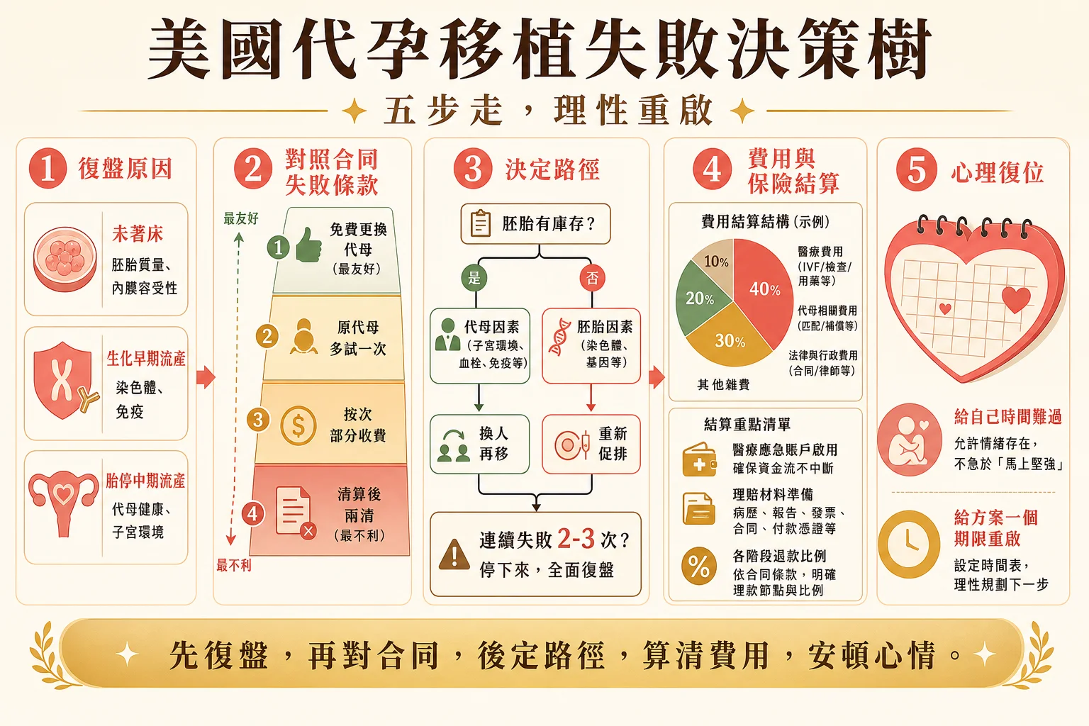美国代孕失败决策树信息图:复盘原因、对照合同条款、决定路径、费用保险结算、心理复位五步